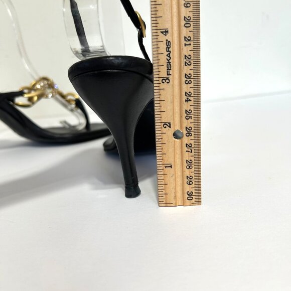Chanel Sz 36 Black Leather Slingback Heels With Gold Chain Rhinestone Detail - Picture 10 of 14